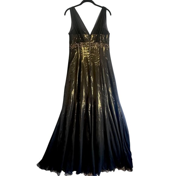 Rickie Freeman Teri Jon Black Chiffon Gold Metallic Silk Evening Dress Sz 8 Vtg - Picture 4 of 13